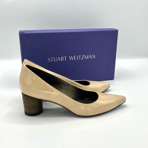 Stuart Weitzman Linkage Nude Patent Block Chain-Wrapped Heels, Size 6